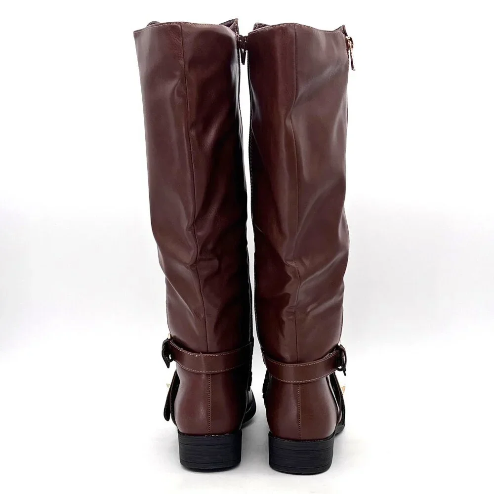 Justfab Leyla WC Tall Moto Boots Womens Size 8.5 Brown Faux Leather New With Box - Picture 5 of 14